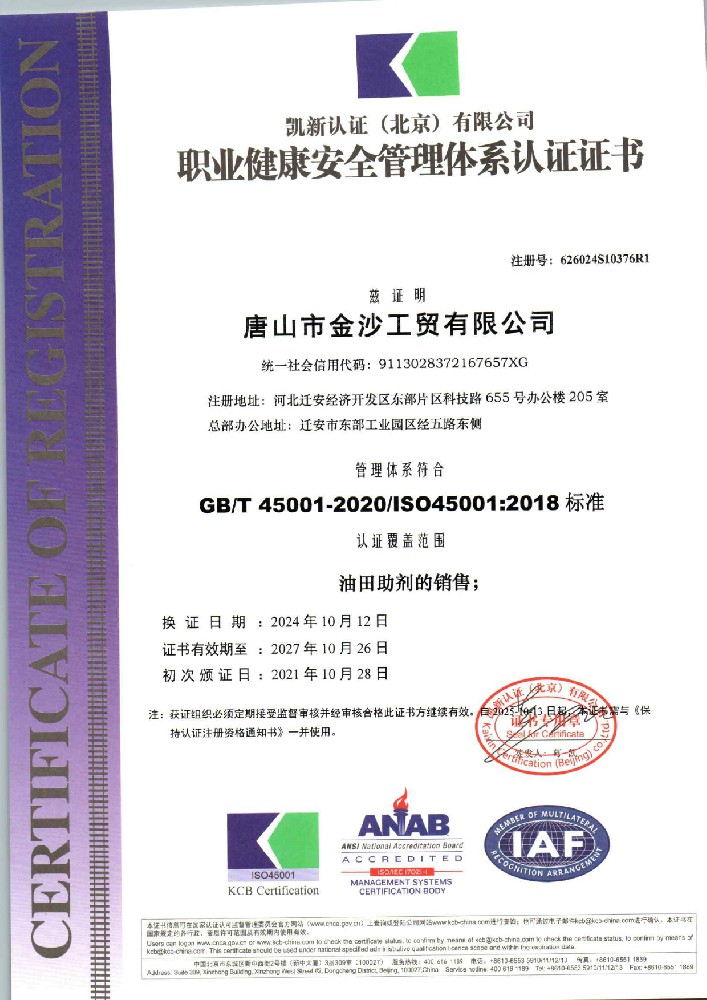 健康、環(huán)境與安全管理體系認(rèn)證證書
